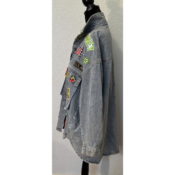 Embroidered Patch Button Up Long Sleeve Denim Jacket Shacket Hip Hop Streetwear - Picture 5 of 11
